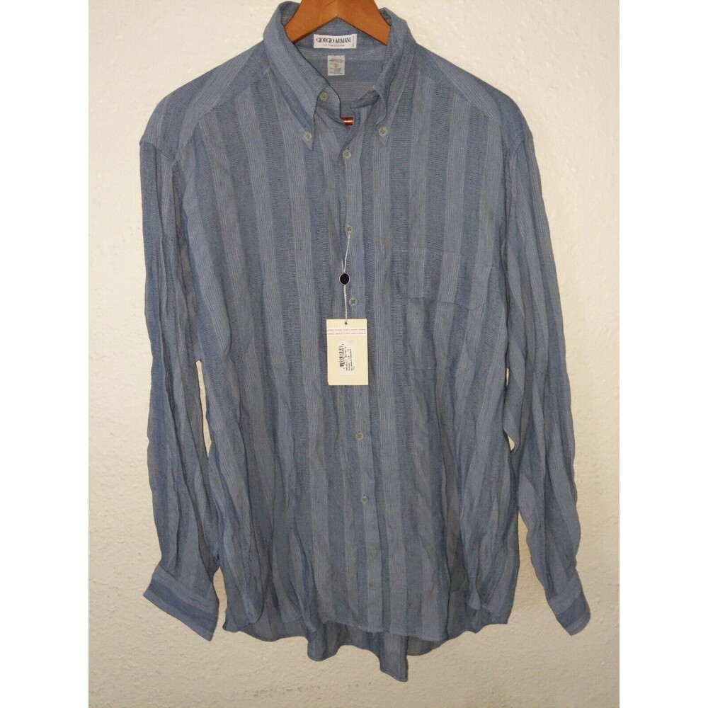 90's Armani COLLEZIONI Shirt Slub LINEN COTTON RAYON blue 15/38 ITALY Baggy Fit
